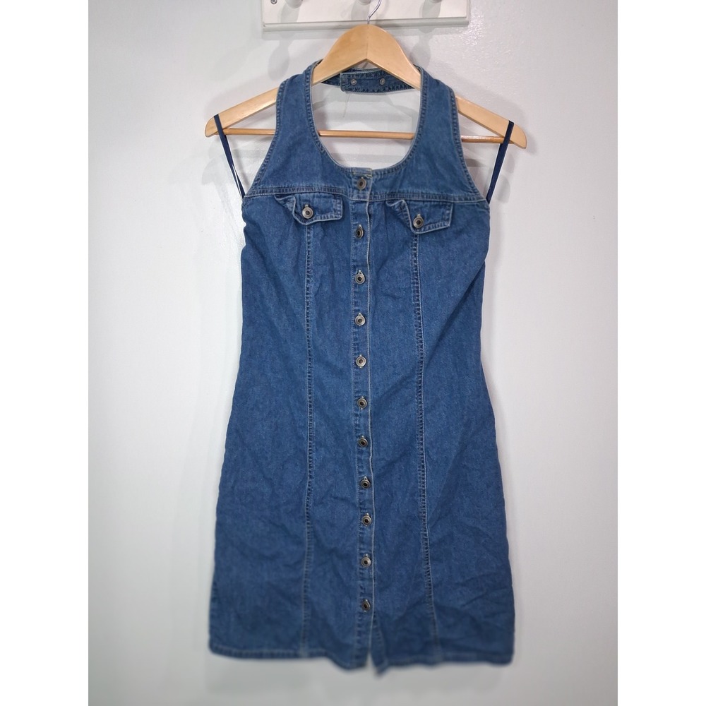 Faded Glory Vintage Denim Halter Dress Blue Button Down Mini FG6280 Small